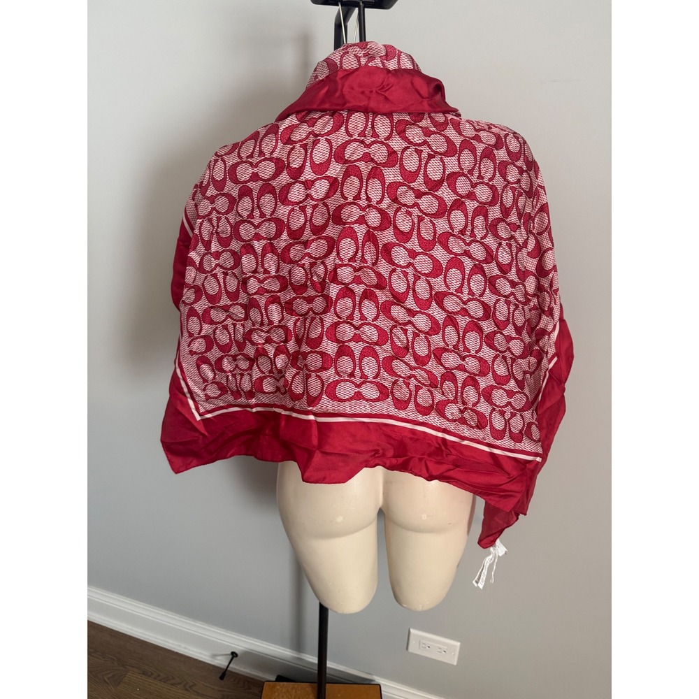 Coach Red White Signature C Logo 100% Silk Square Scarf C2755